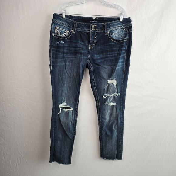 Vigoss The Chelsea Skinny Jeans Women's 16 27 Blue Dark Wash Distressed Cut Off - Picture 1 of 16